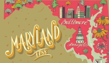 a cartoon map of Maryland with key landmarks and cities