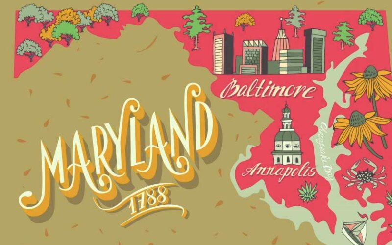 a cartoon map of Maryland with key landmarks and cities