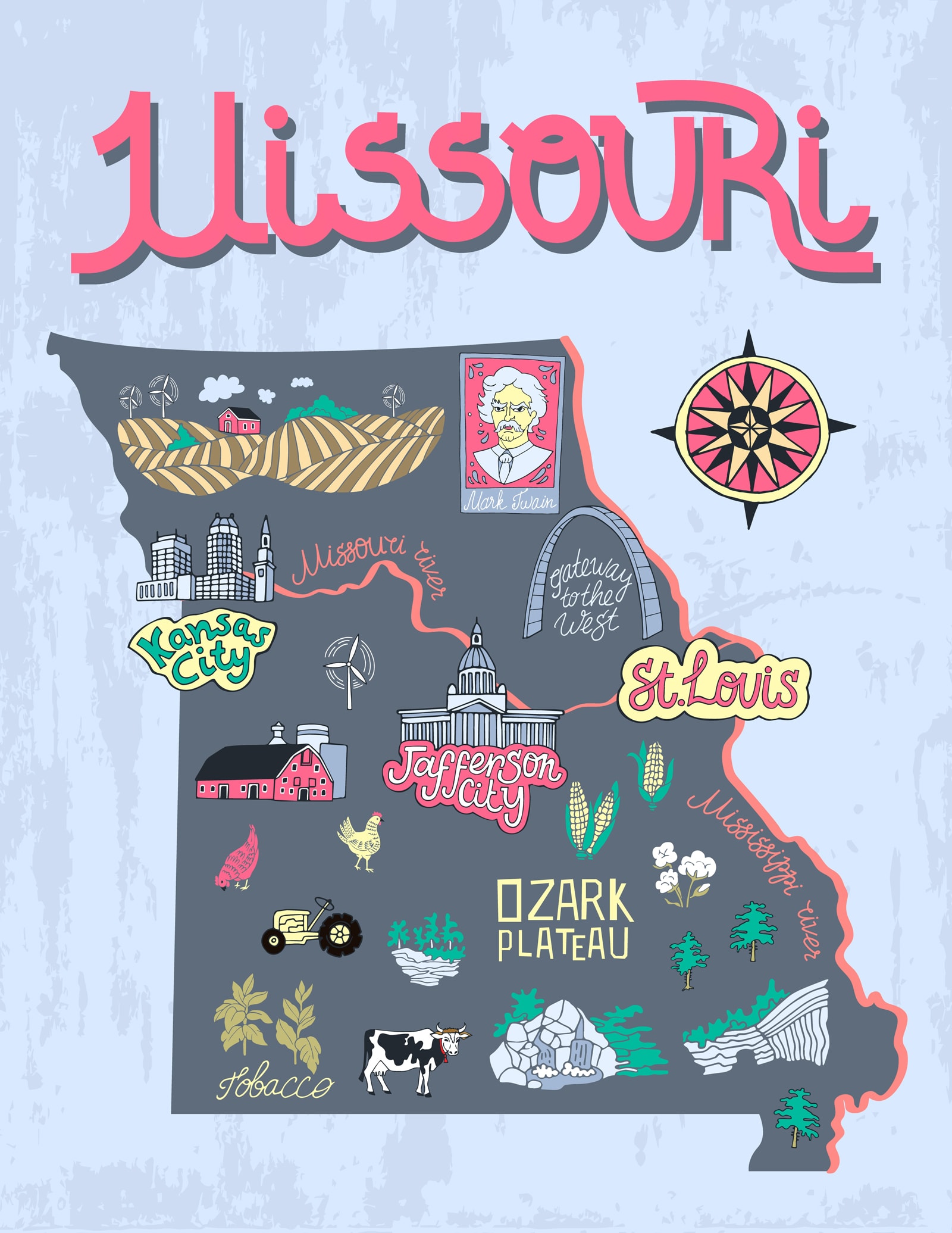 a cartoon map of Missouri depicting state symbols and cities