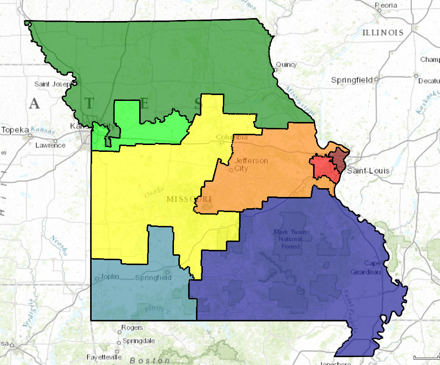 a map of Missouri congressional districts in different colors