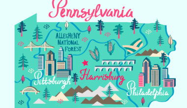 a cartoon map of Pennsylvania with key cities and landmarks