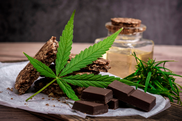 cannabis leaf, chocolate, and granola