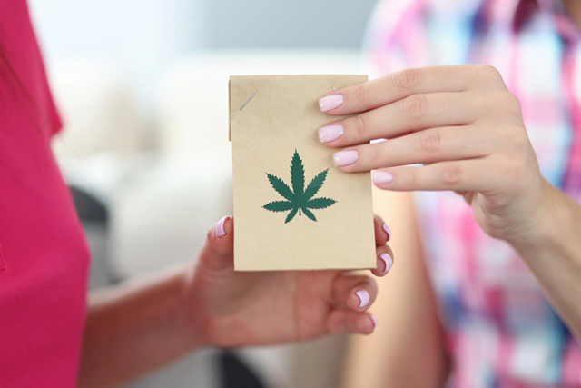 Female hands hold package featuring hemp leaf