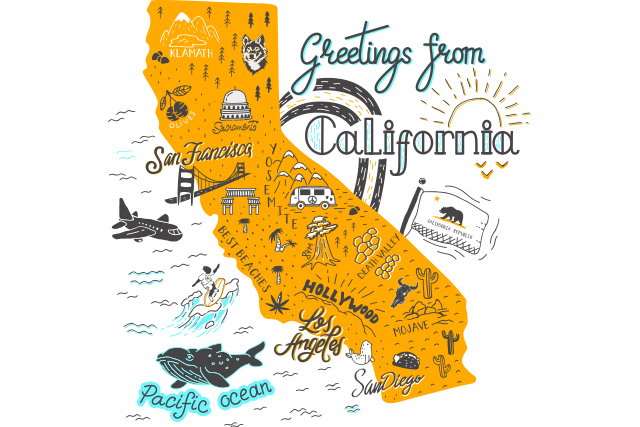 Hand drawn illustration of California map with tourist attractions