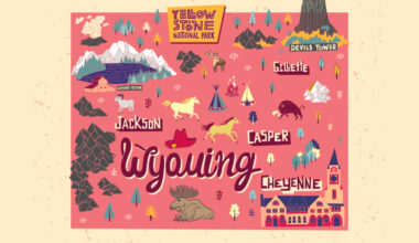 Hand drawn illustration of Wyoming map with tourist attractions