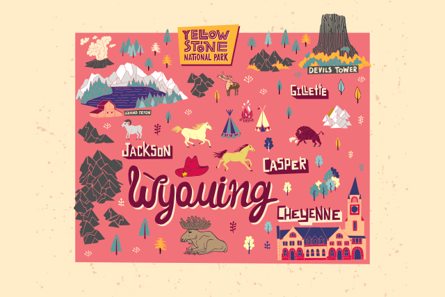 Hand drawn illustration of Wyoming map with tourist attractions
