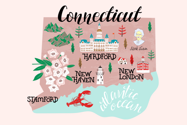 Illustrated map of Connecticut, USA. Travel and attractions