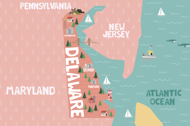 Illustrated map of Delaware, USA. Travel and attractions