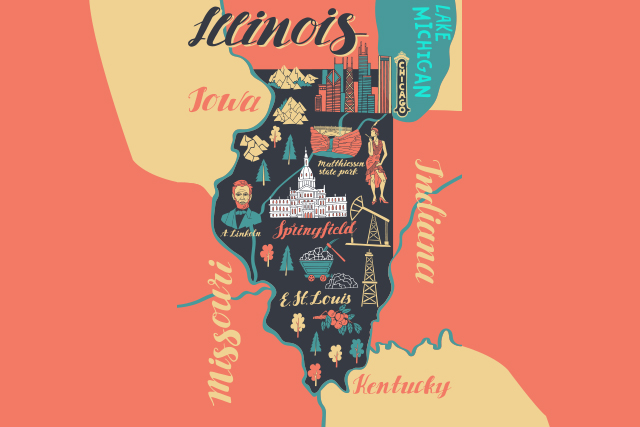 Illustrated map of Illinois, USA. Travel and attractions