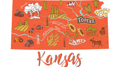 Medical Marijuana Card in Kansas, Illustrated map of Kansas, USA. Travel and attractions