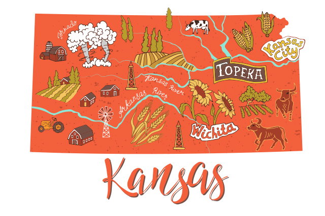Illustrated map of Kansas, USA. Travel and attractions