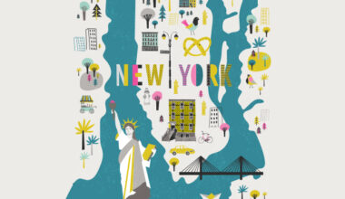 Illustrated map of New York, USA. Travel and attractions