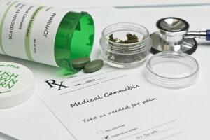Medical marijuana prescription with bottle and stethoscope.