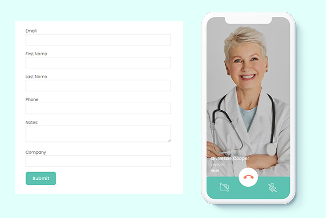 A generic information form next to a phone displaying a doctor