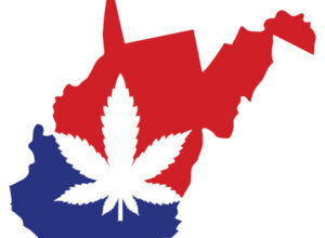 Red and blue image of West Virginia with a white cannabis leaf on top
