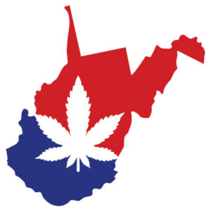 Red and blue image of West Virginia with a white cannabis leaf on top