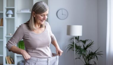 Older woman happy with her weight loss after trying on her old pants