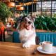 Dog sitting at a table in restaurant with a coffee