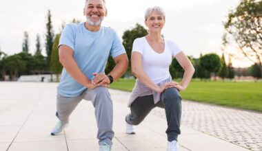 Two older people stretching for morning exercise, happy and energized