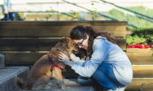 Woman hugging her dog and having an emotional moment