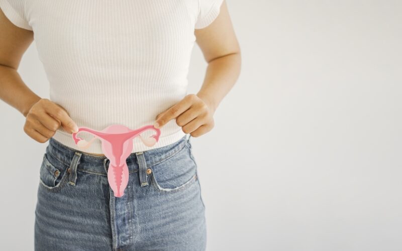 Woman holding up a uterus model