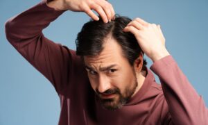 Man dealing with hair loss and showing his concern