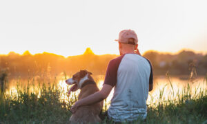 Man hugging his dog while enjoying the sunset