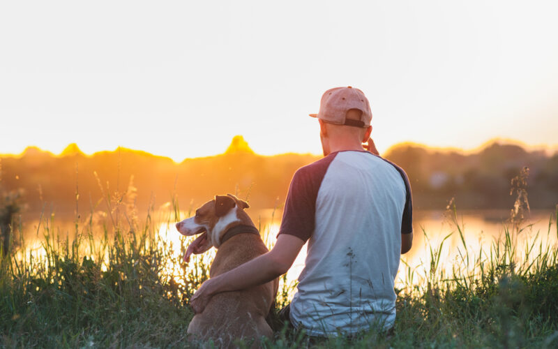 Man hugging his dog while enjoying the sunset