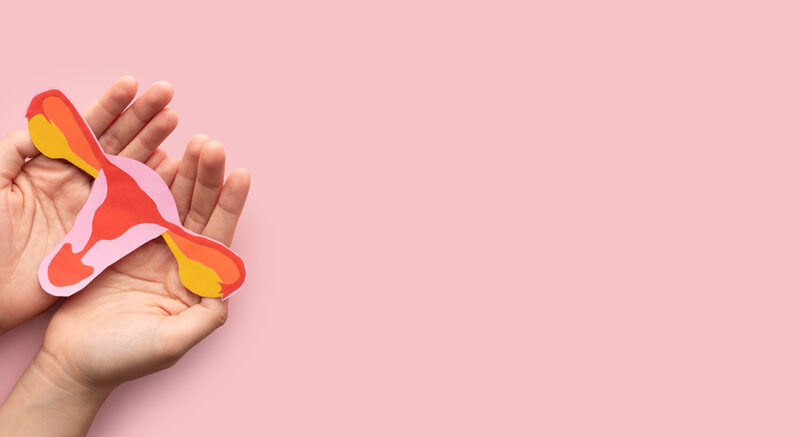 Woman holding a uterus shaped model made from paper