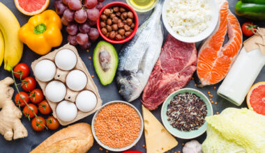 close up of healthy and nutritious foods laid out along a table