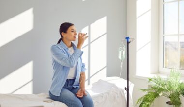 Woman with sterile tube in arm sitting by pole with IV bottle at medical center, drinking water and receiving vitamin therapy infusion to boost body immune system, preserve beauty or fight hangover