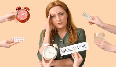 Mature woman experiencing menopause and hands with things on beige background
