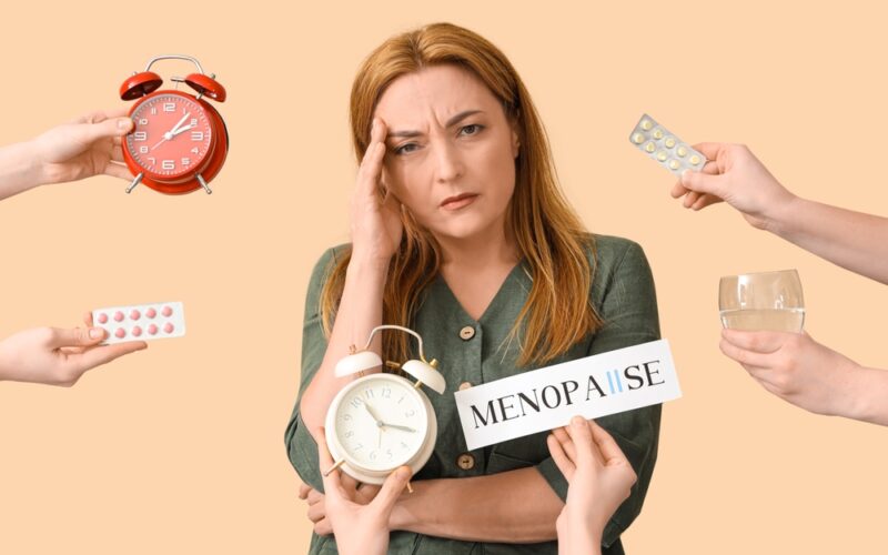 Mature woman experiencing menopause and hands with things on beige background