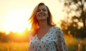 A serene 40 year old fresh energized woman standing in nature during golden hour