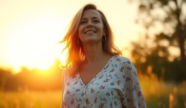 A serene 40 year old fresh energized woman standing in nature during golden hour