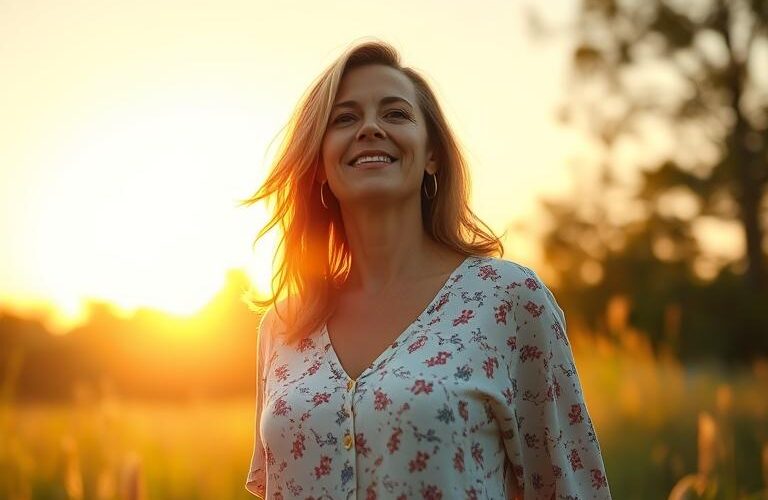 A serene 40 year old fresh energized woman standing in nature during golden hour