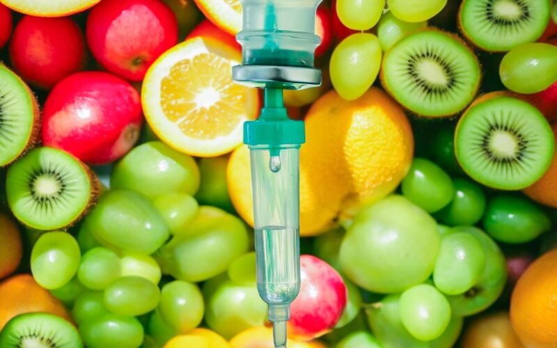 Myers IV Cocktail, Vitamin iv drip fruits natural therapy medical use iv vitamins intravenous fluid care patients loss nutrition and loss minerals weight and medical technology concept.