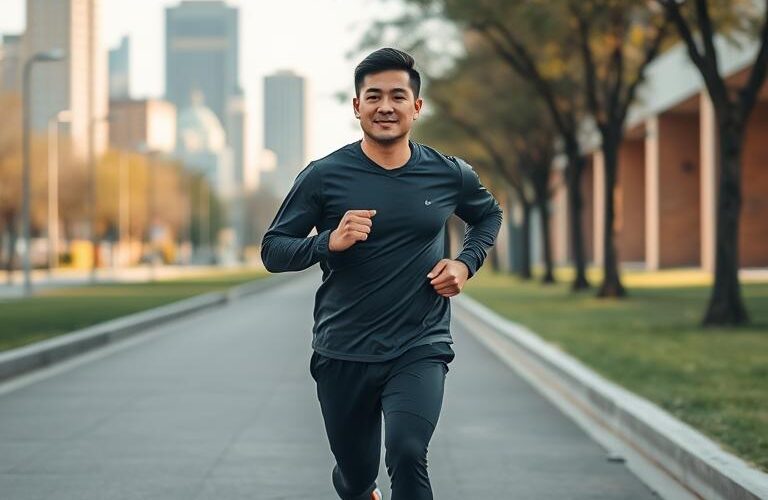 Asian Man Jogging in City