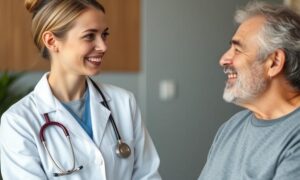 Doctor discussing Sermorelin vs HGH therapy options with patient in a clinical setting