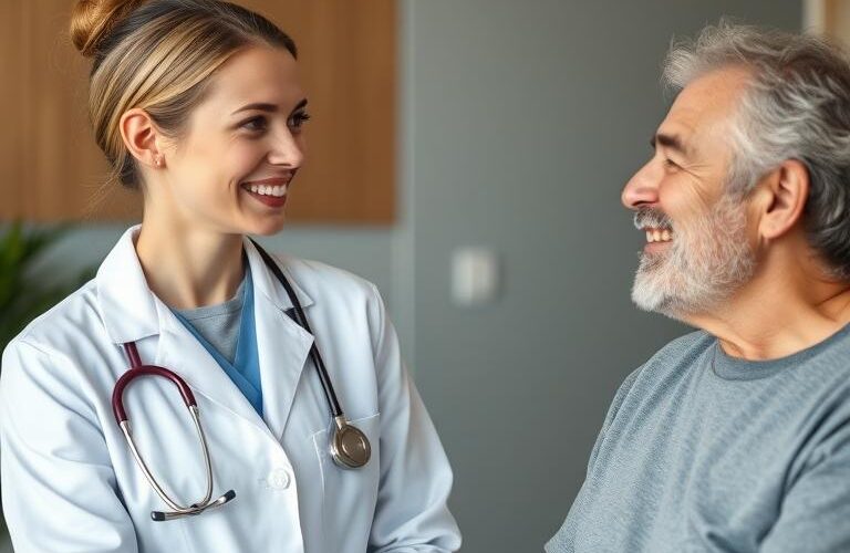 Doctor discussing Sermorelin vs HGH therapy options with patient in a clinical setting