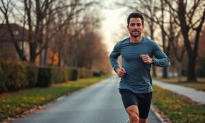 Healthy man jogging in suburban nature