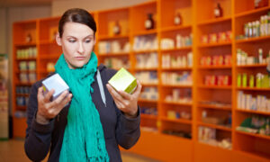 Woman in a pharmacy comparing two medication boxes, symbolizing patient decisions when choosing between semaglutide and liraglutide