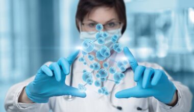 researcher scientist female visualizing hormone molcule with her hands