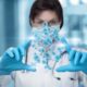 researcher scientist female visualizing hormone molcule with her hands