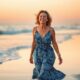 A 50 year old, middle-aged woman peacefully walking along beach shore