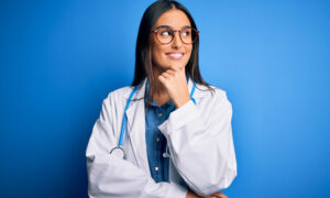 Young beautiful doctor woman wearing stethoscope and glasses over blue background with hand on chin thinking about question, pensive expression. Smiling with thoughtful face. Doubt concept.