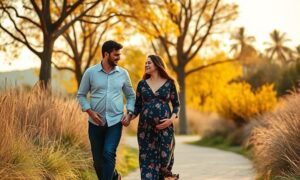 pregnant-woman-romantic-nature-walk-with-husband