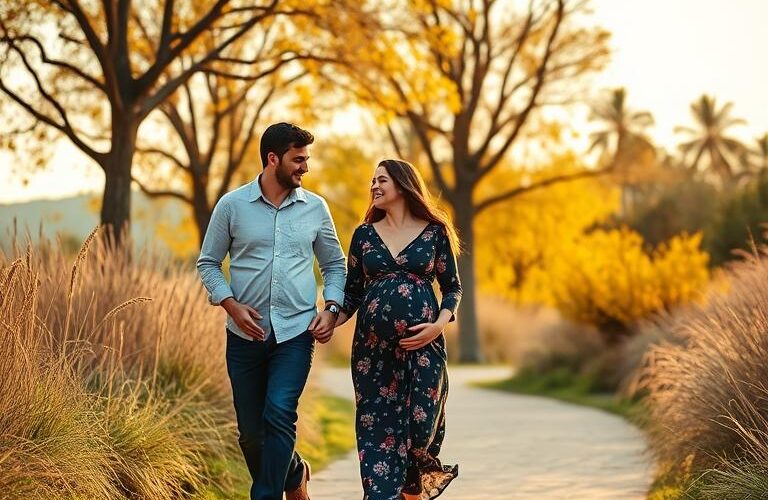 pregnant-woman-romantic-nature-walk-with-husband