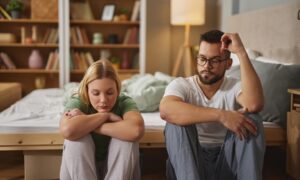A couple sits on the floor by their bed, both looking down and appearing withdrawn, symbolizing the emotional impact of mental health challenges on intimacy and sexual relationships.