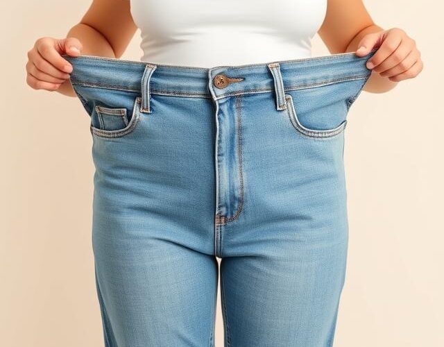 Woman weight loss with too big pants